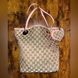 Gucci Beige and Pink Signature Tote and heart coin purse bundle